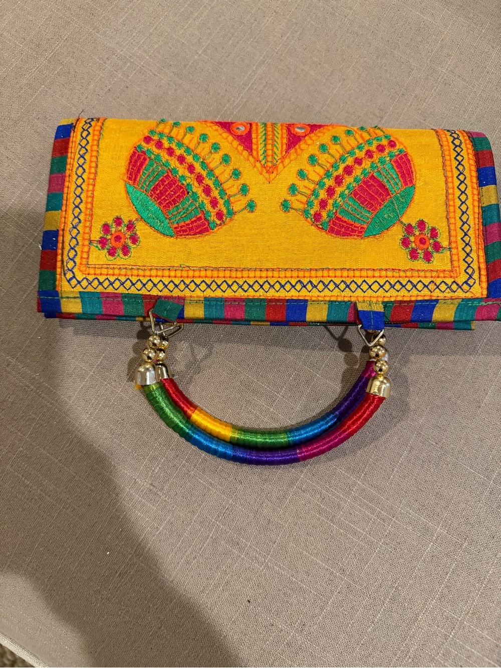 Yellow Embroidered Indian hand Bag with Rainbow Handle